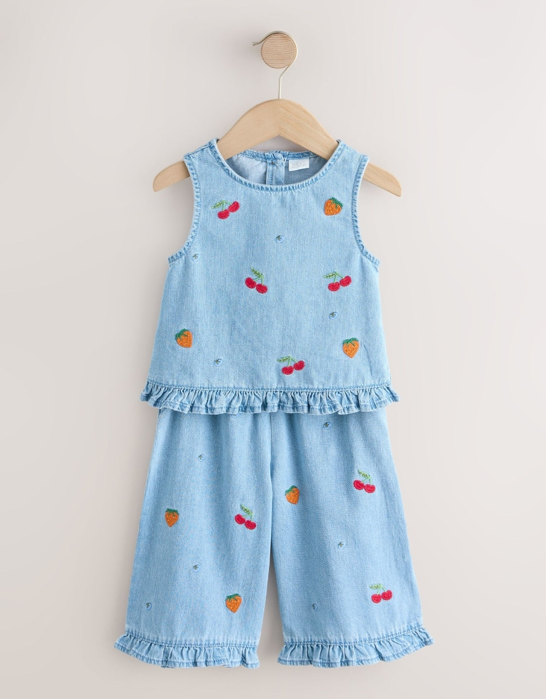 Fruit Embroidered Denim Top & Trousers Set