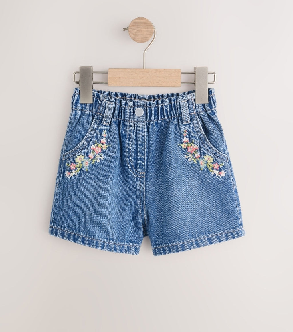 Mid Blue Denim Embroidered
Flower Pull On Denim Shorts