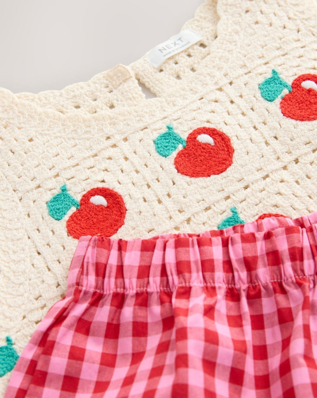 Red Crochet Cherry Top With Gingham Shorts