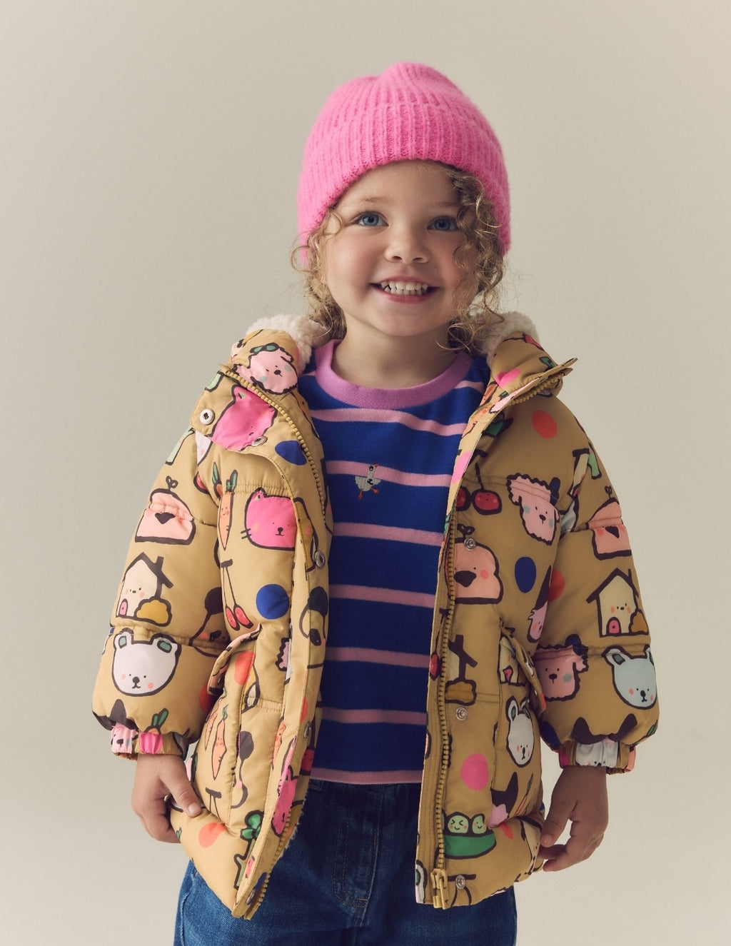 Character Print Shower Resistant Padded Coat with Hood Spikes