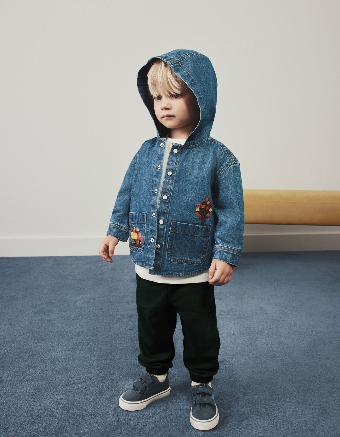 Denim Embroidery Transport Long Sleeve Hooded Overshirt