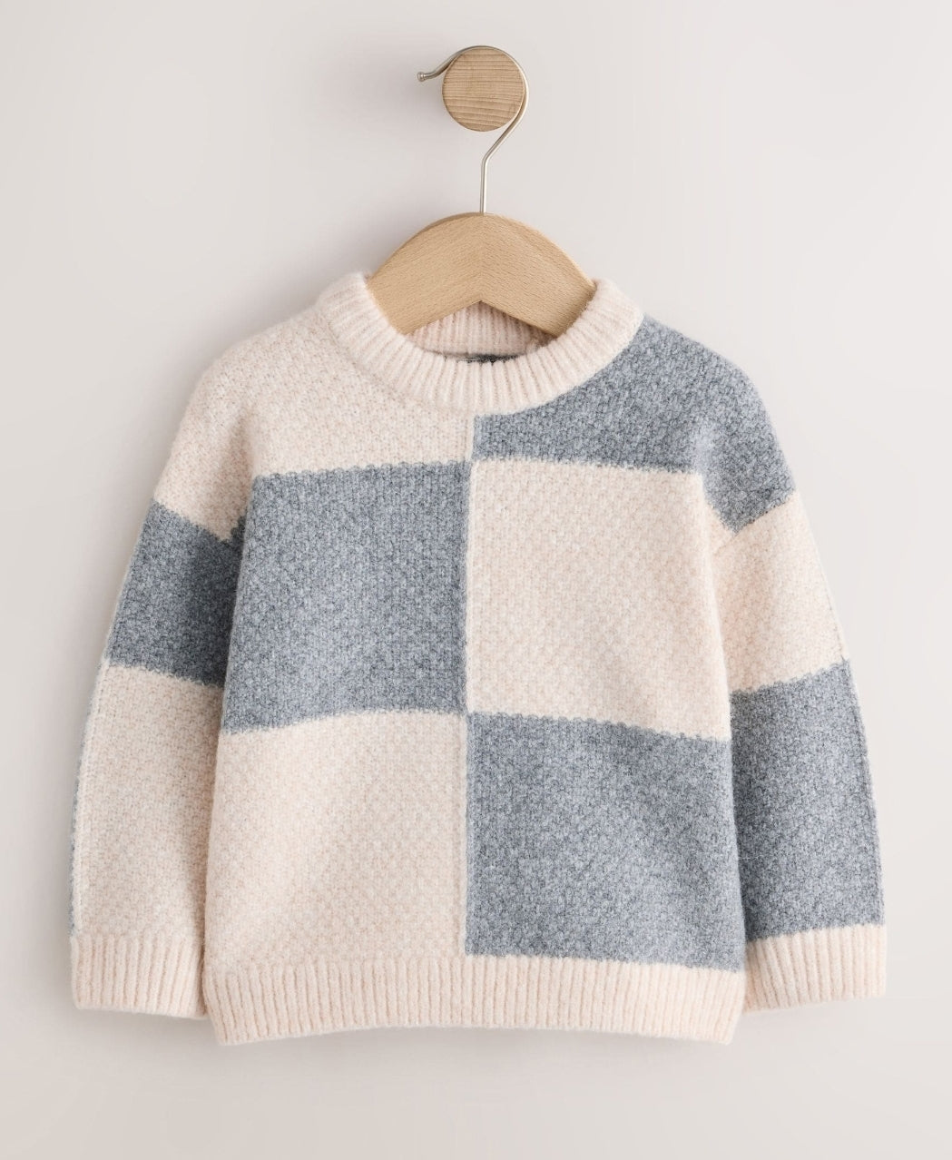 Grey/White Checkerboard Knit Crew Neck Jumper