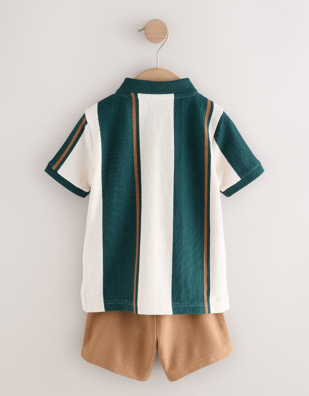 Green/Ecru Stripe Short Sleeve Polo Shirt and Shorts Set