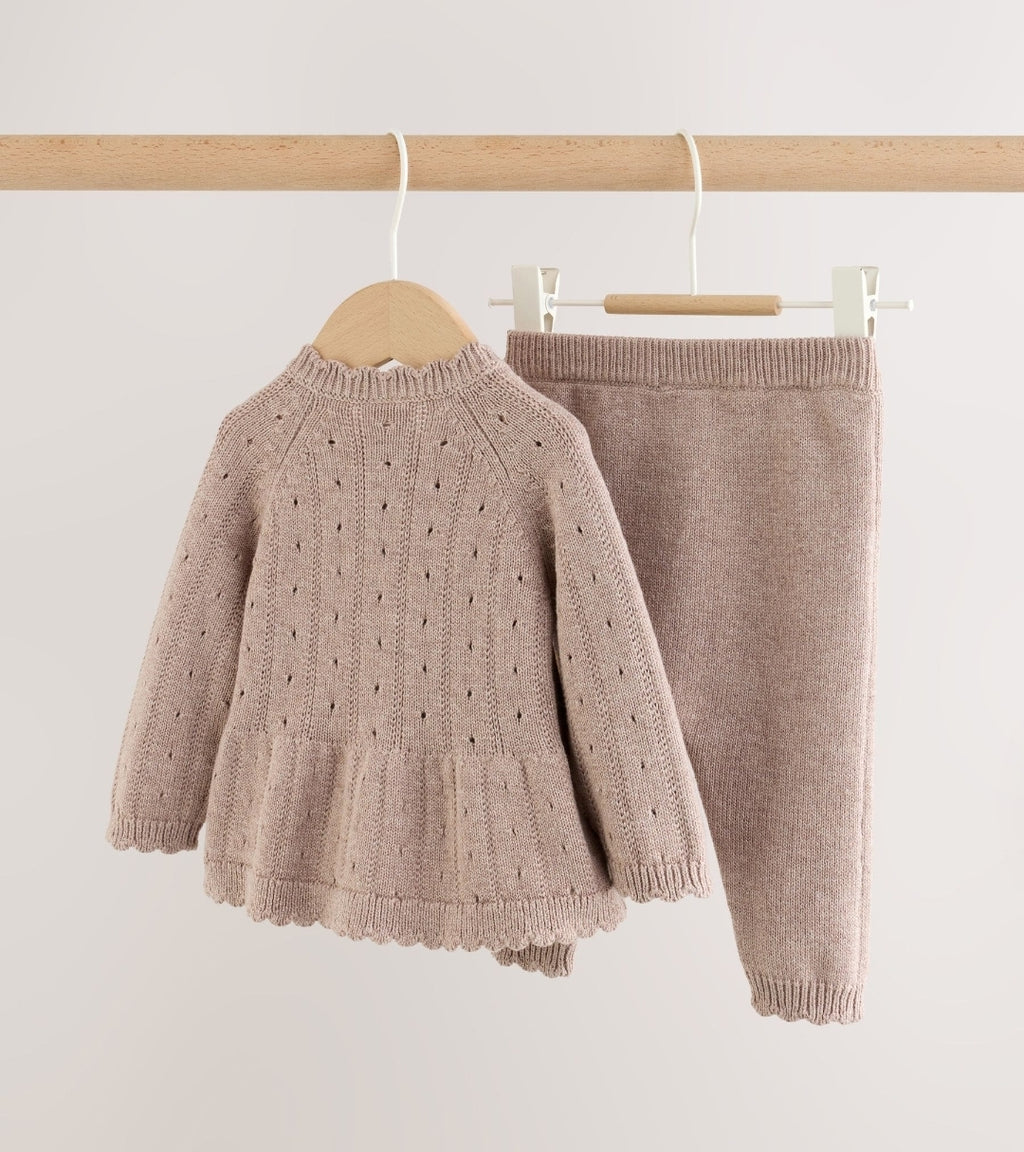 Chocolate Brown Frill Knitted Bow Baby Cardigan & Leggings Set 2