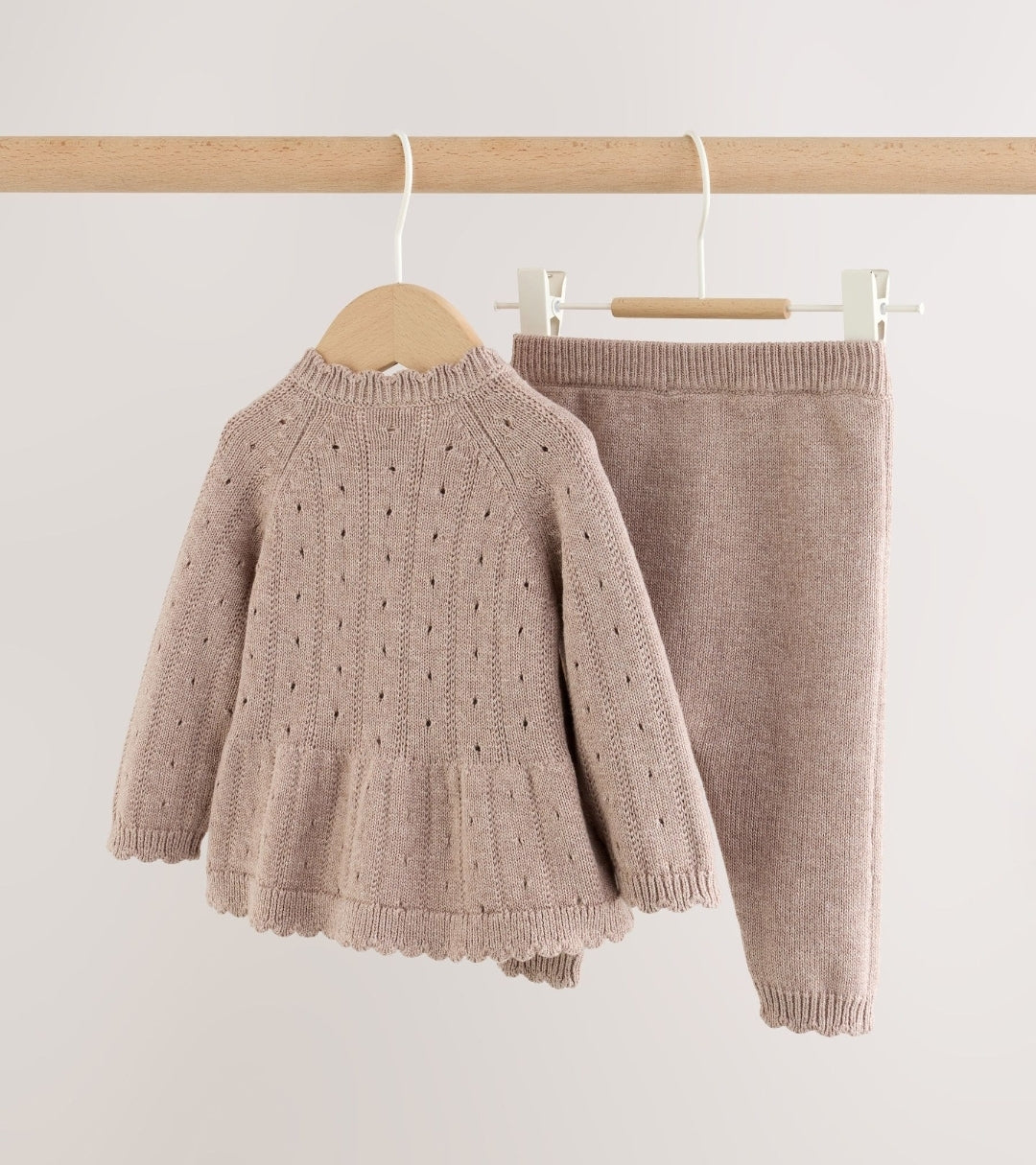 Chocolate Brown Frill Knitted Bow Baby Cardigan & Leggings Set 2