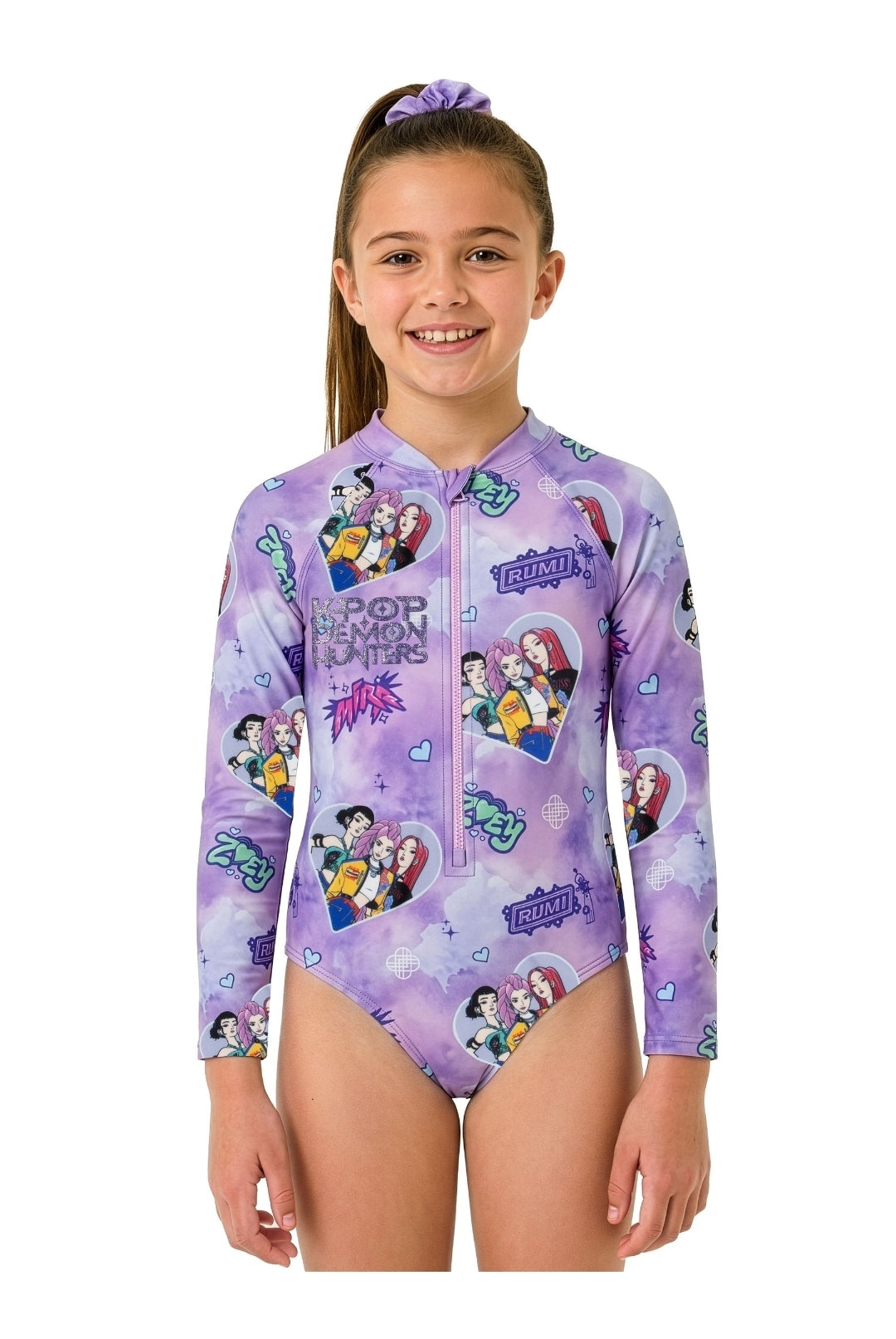 Character Purple K-Pop Demon Hunters Long Sleeve Swimsuit With Scrunchies
