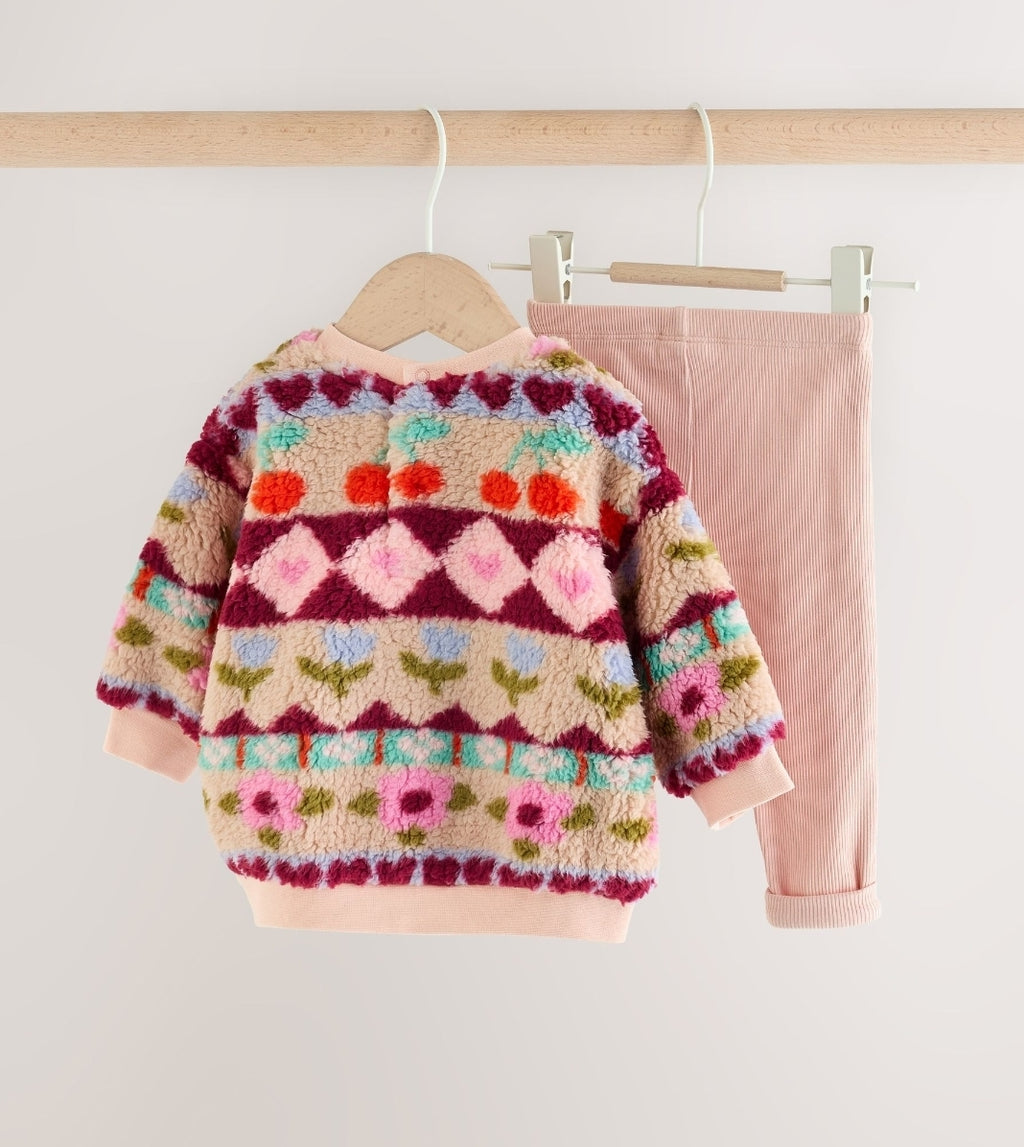Pink Fairsle Printed Baby Fleece Sweater and Leggings Set 2 Piece