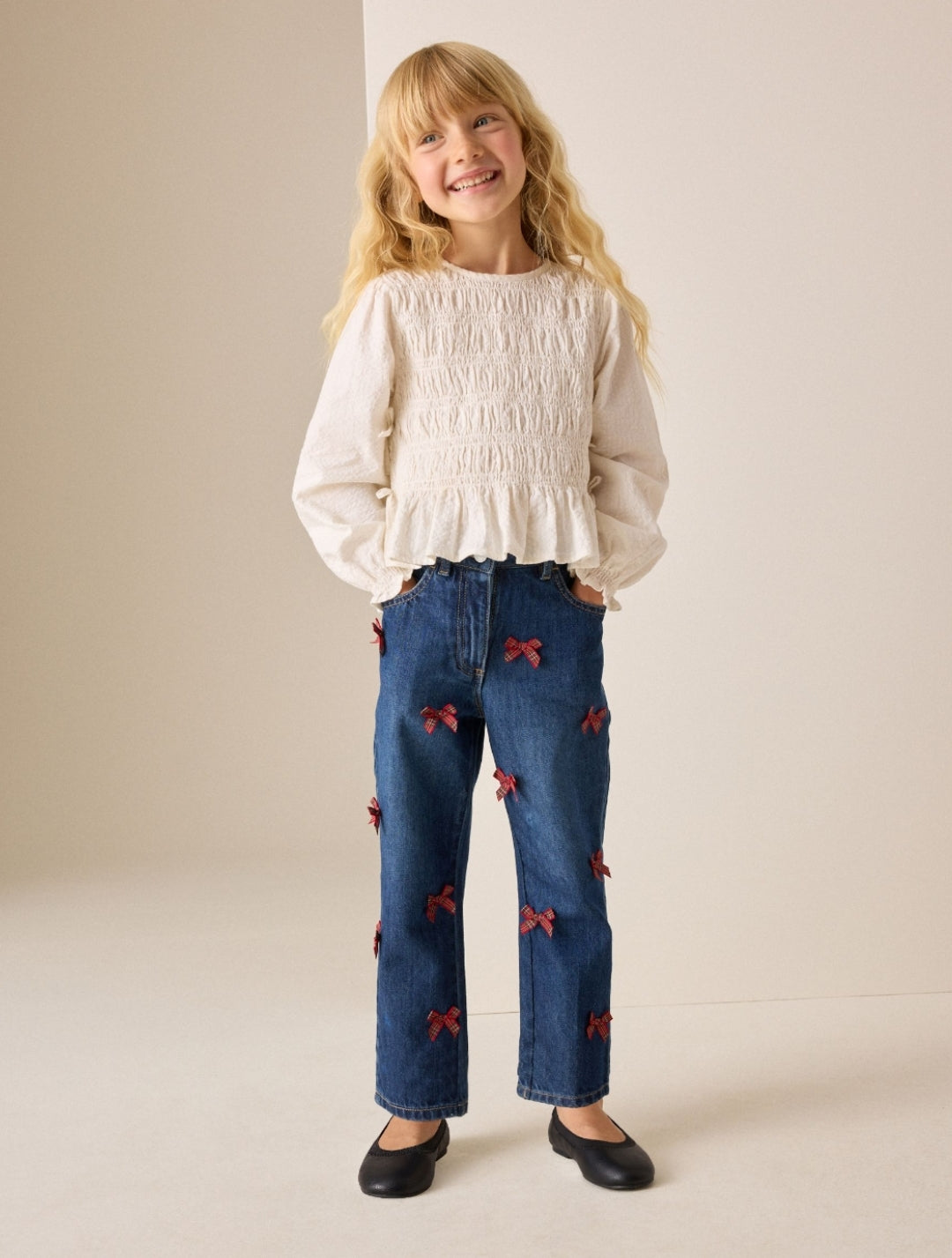 Denim/ Red Tartan Bows Mom Jeans