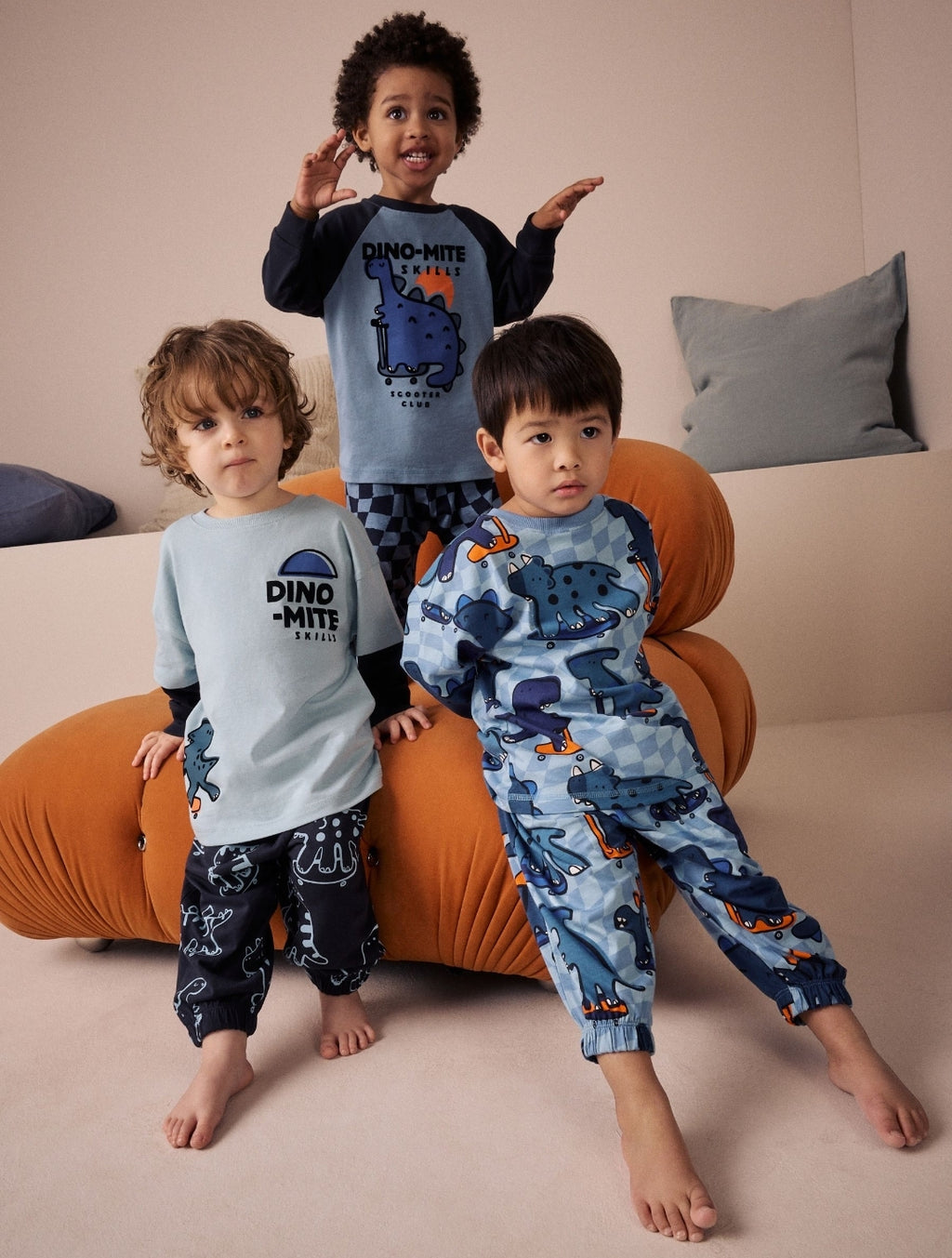Orange/Navy Dinosaur Oversized Pyjamas 3 Pack