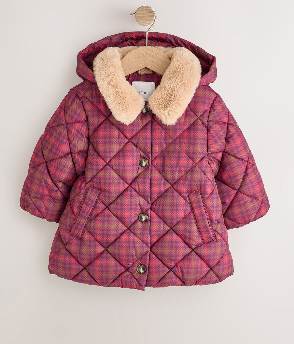 Burgundy Red Check Faux Fur Collar Shower Resistant Padded