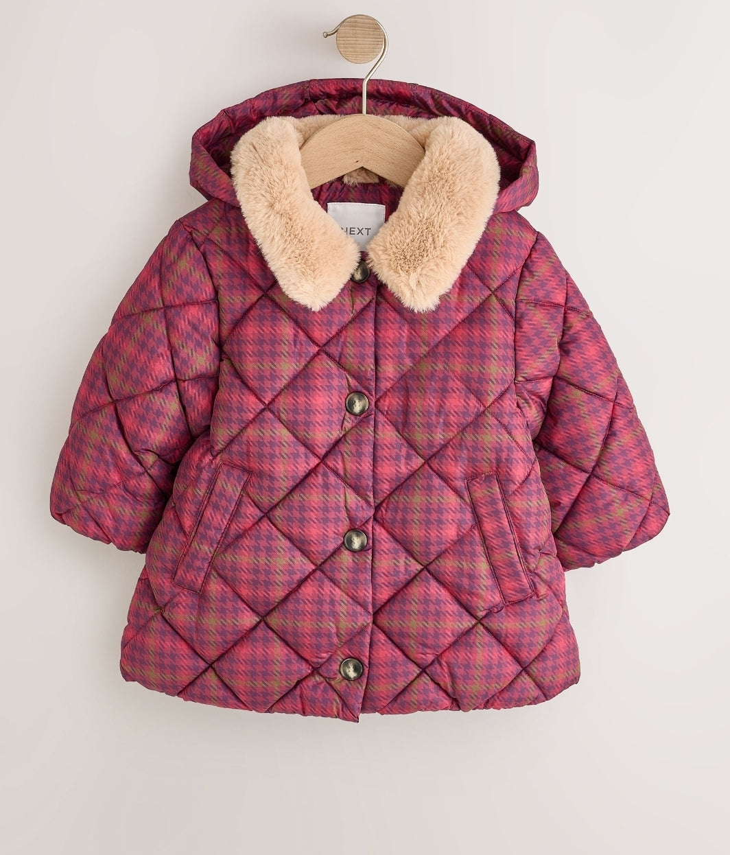 Burgundy Red Check Faux Fur Collar Shower Resistant Padded