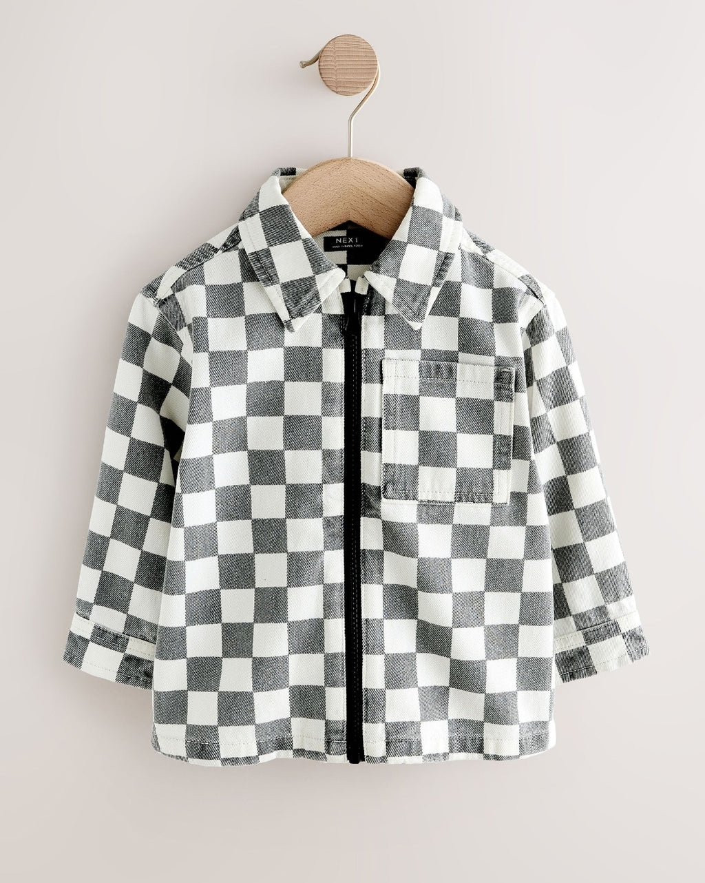 Grey/White Checkerboard Long Sleeve Zip Through Overshirt