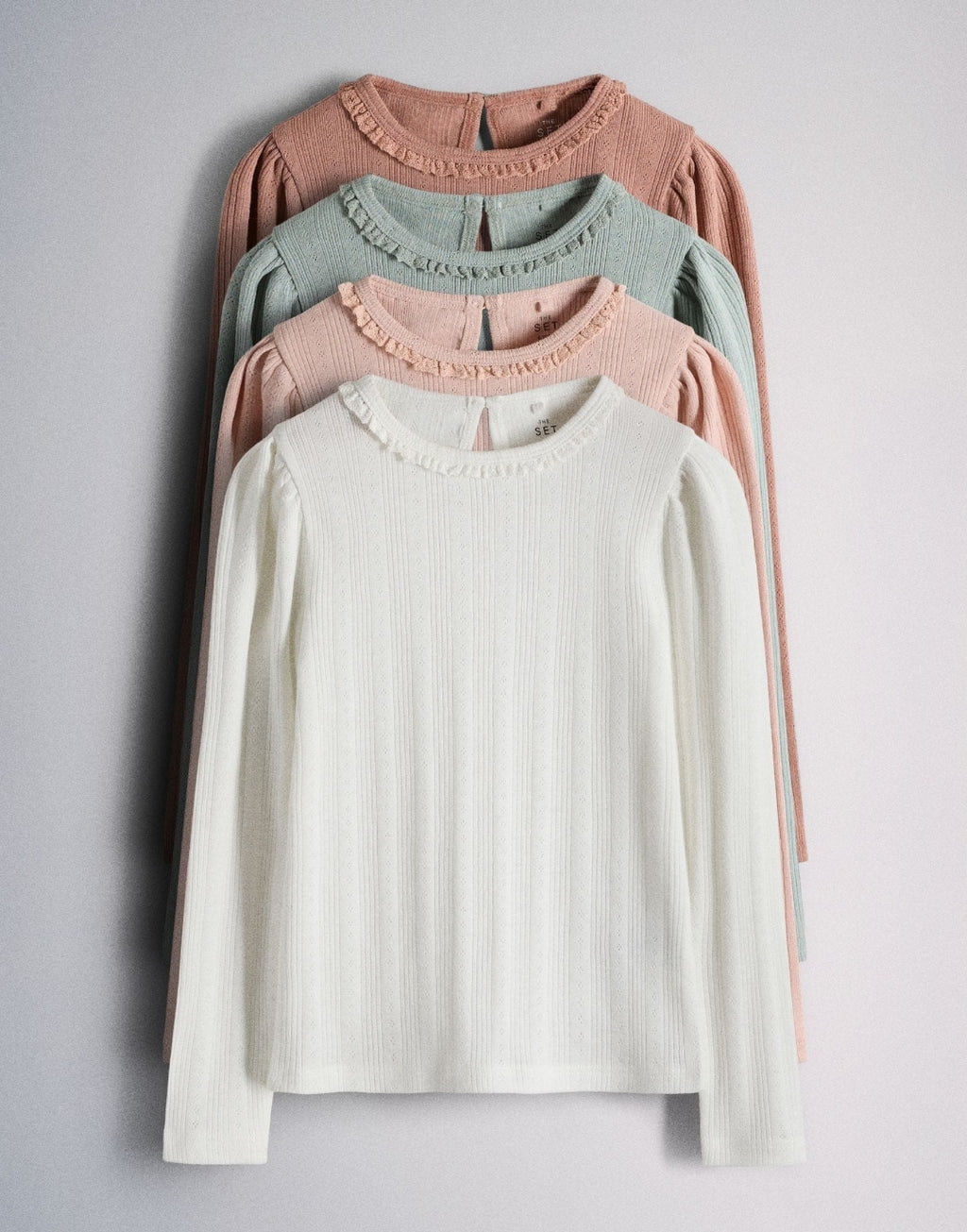 The Set 4 Pack Long Sleeve Pointelle T-Shirts Pink/Green/Cream