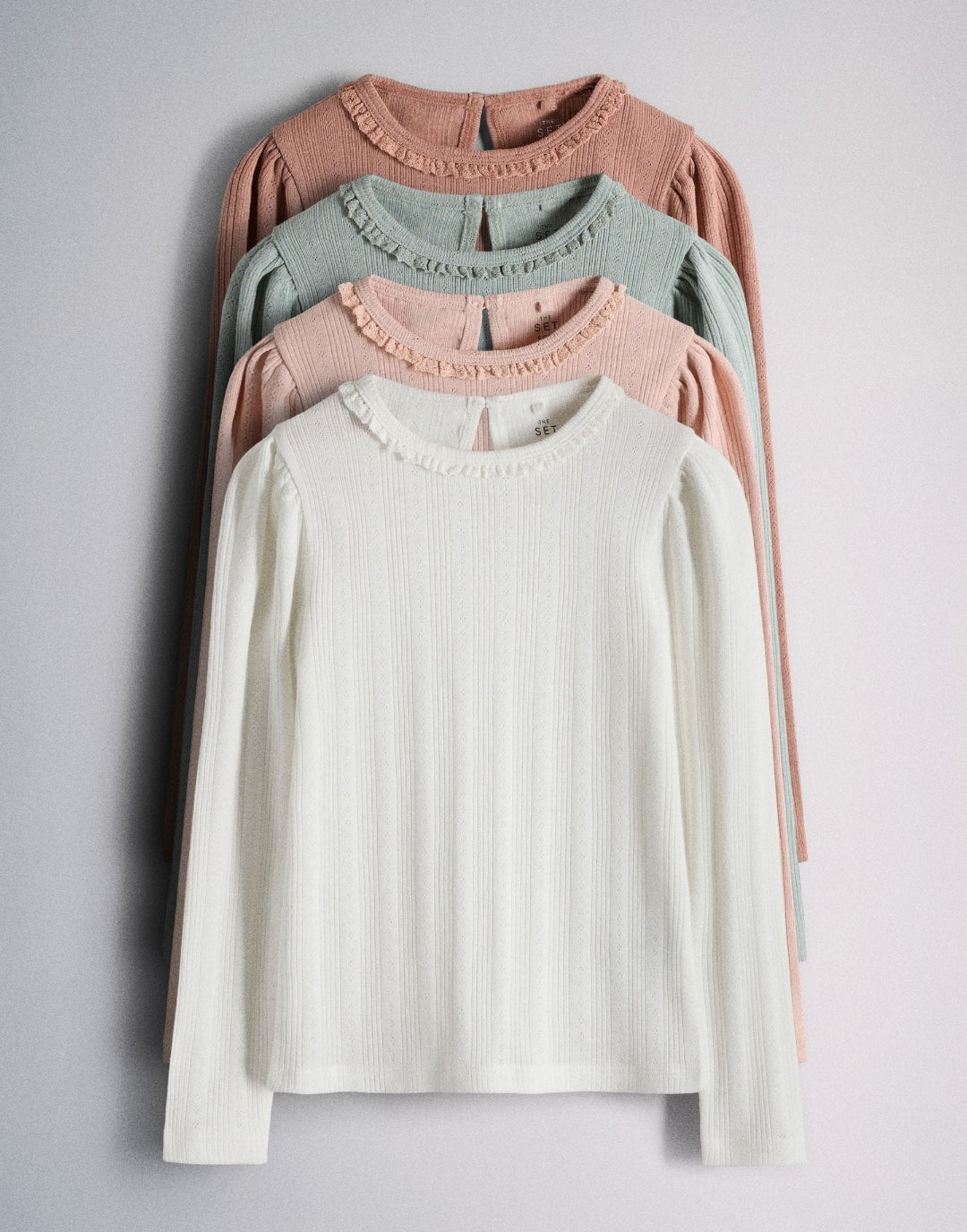 The Set 4 Pack Long Sleeve Pointelle T-Shirts Pink/Green/Cream