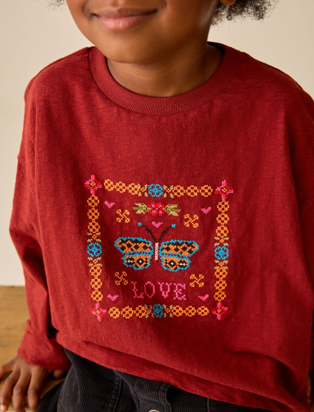 Brown Embroidered Butterfly Long Sleeve Top