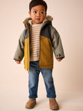 Ochre and Khaki Colour Block Fur Hood