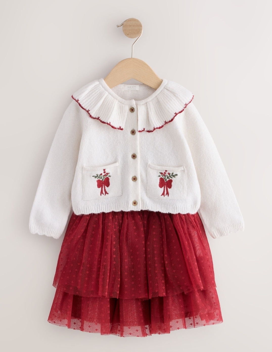 Ecru and Burgundy Red Embroidered Cardigan and Skirt