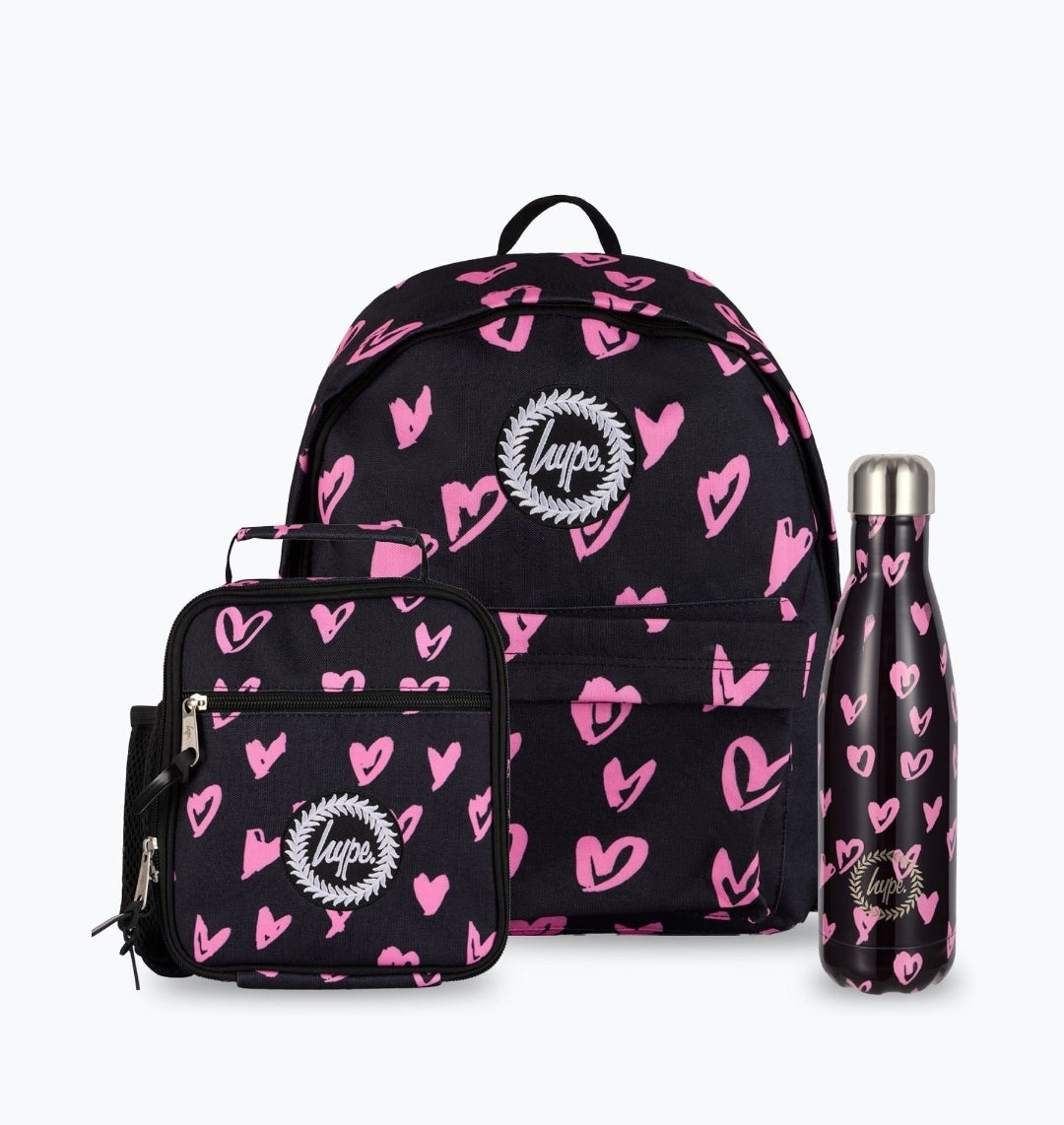 Hype Black Scribble Hearts Backpack, Lunchbag & Bottle Bundle Set