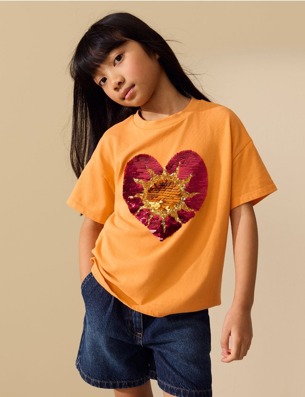 Orange Sun Sequin Heart T-Shirt