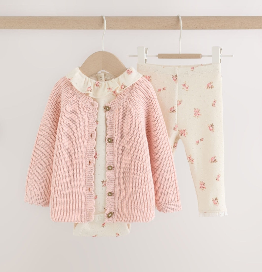 White Floral Bodysuit, Legging with Pink Knitted Cardigan Baby
