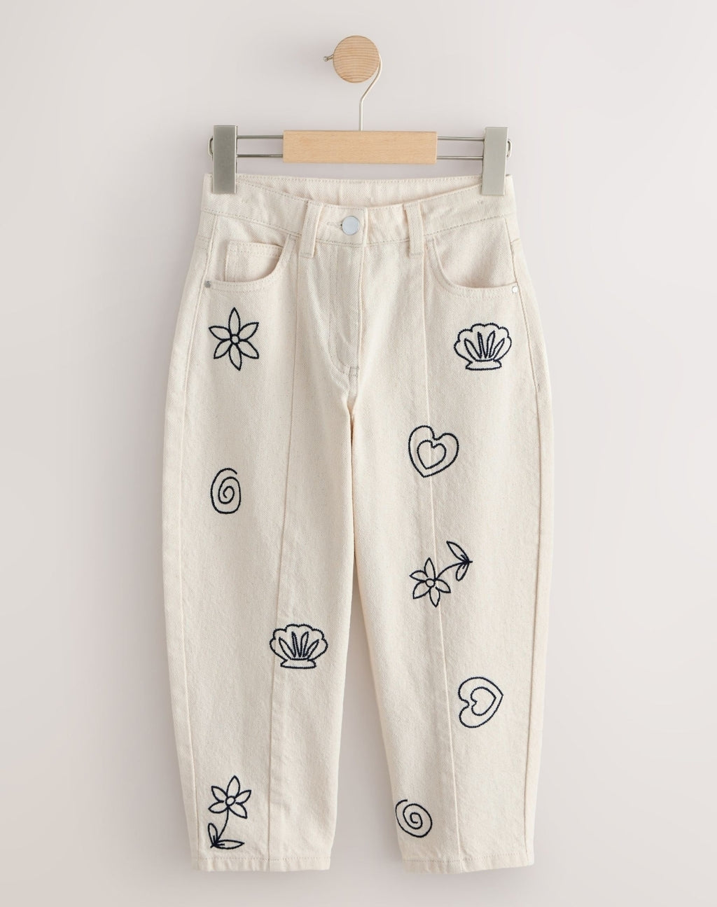 Ecru Embroidery Barrel Leg Jeans