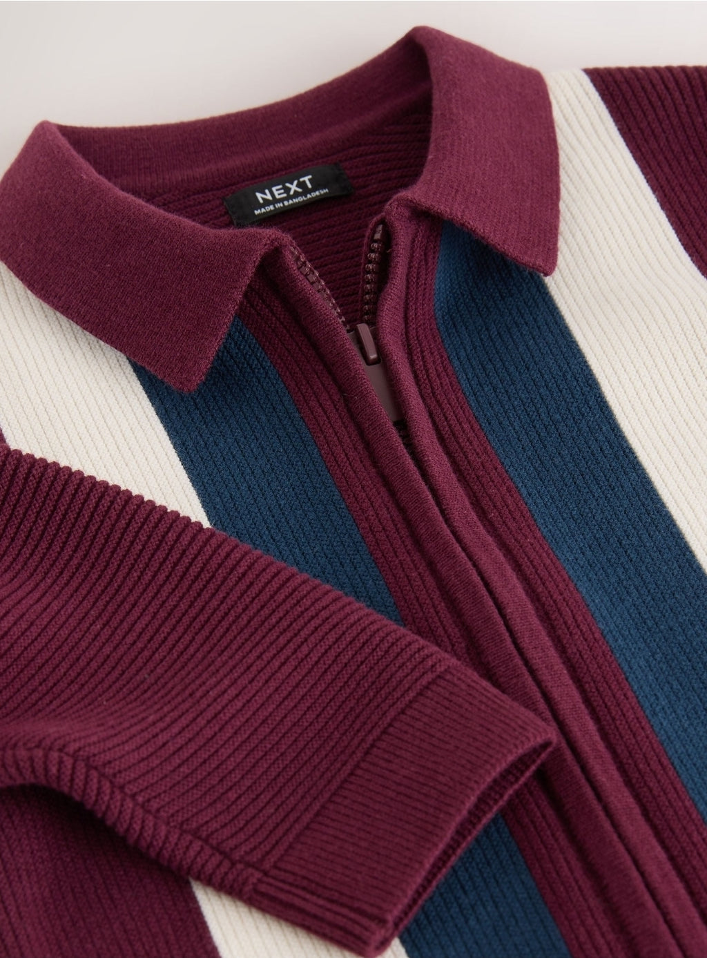 Purple/Navy Stripe Knitted Zip Up
Polo Shirt